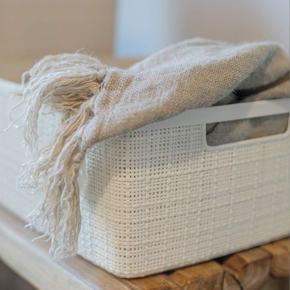 image:imageCurver Set of 2 XL 305L Jute Decorative Plastic Organization and Storage Baskets Perfect Bins for Home Office Closet Shelves Kitchen Pantry and All Bedroom Essentials WhiteWhite