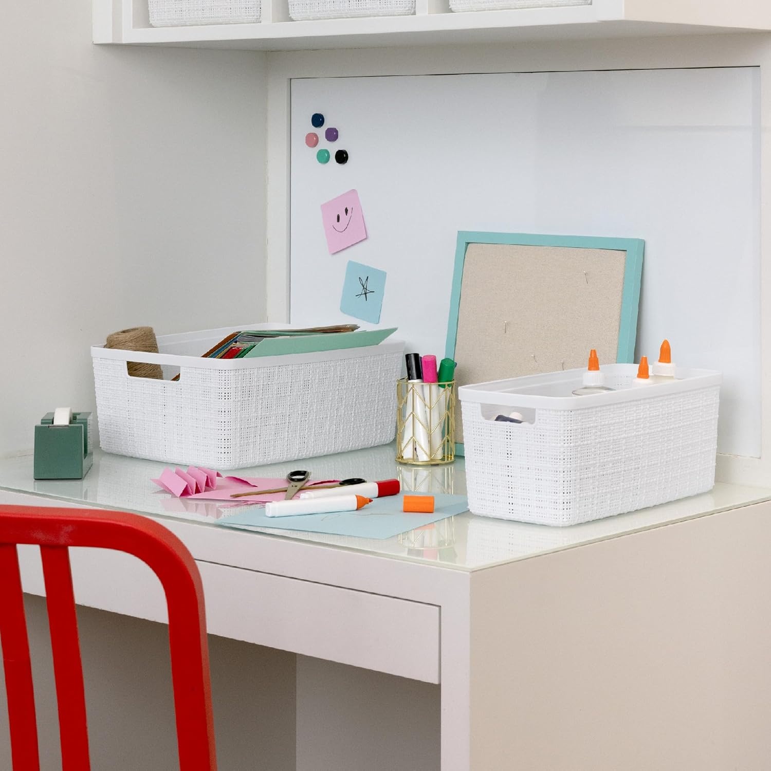 image:imageCurver Set of 2 XL 305L Jute Decorative Plastic Organization and Storage Baskets Perfect Bins for Home Office Closet Shelves Kitchen Pantry and All Bedroom Essentials WhiteWhite