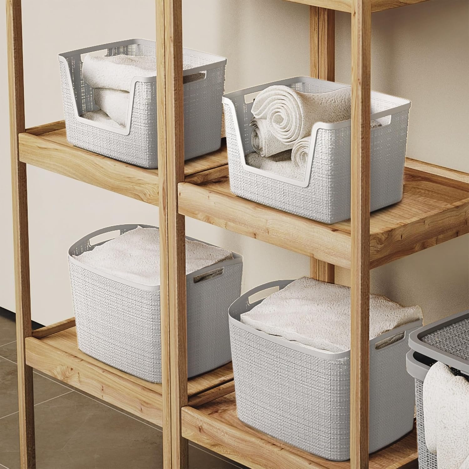 image:imageCurver Set of 2 XL 305L Jute Decorative Plastic Organization and Storage Baskets Perfect Bins for Home Office Closet Shelves Kitchen Pantry and All Bedroom Essentials WhiteWhite