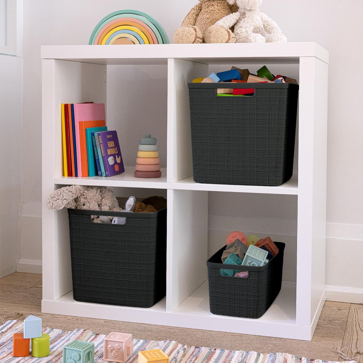 image:imageCurver Set of 2 XL 305L Jute Decorative Plastic Organization and Storage Baskets Perfect Bins for Home Office Closet Shelves Kitchen Pantry and All Bedroom Essentials WhiteBlack
