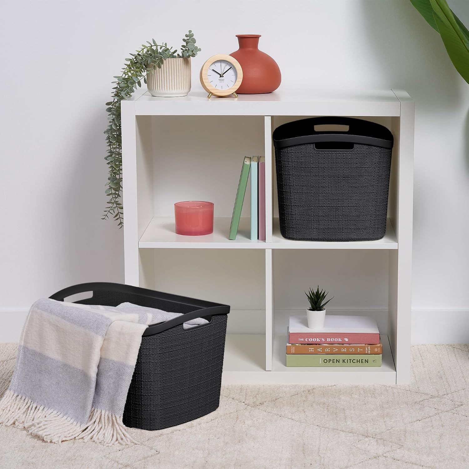 image:imageCurver Set of 2 XL 305L Jute Decorative Plastic Organization and Storage Baskets Perfect Bins for Home Office Closet Shelves Kitchen Pantry and All Bedroom Essentials WhiteBlack