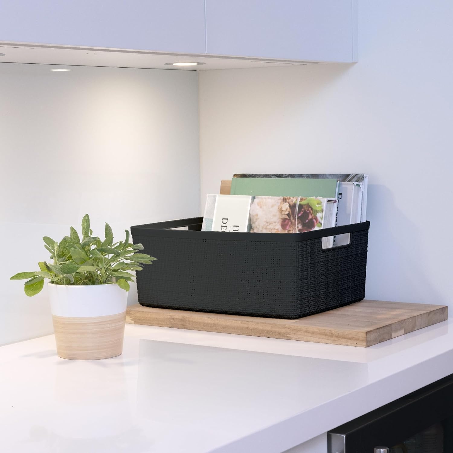image:imageCurver Set of 2 XL 305L Jute Decorative Plastic Organization and Storage Baskets Perfect Bins for Home Office Closet Shelves Kitchen Pantry and All Bedroom Essentials WhiteBlack