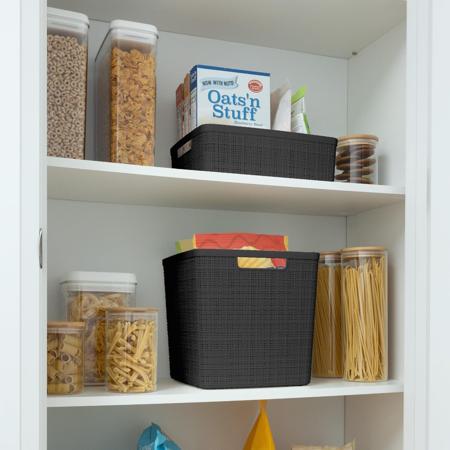 image:imageCurver Set of 2 XL 305L Jute Decorative Plastic Organization and Storage Baskets Perfect Bins for Home Office Closet Shelves Kitchen Pantry and All Bedroom Essentials WhiteBlack