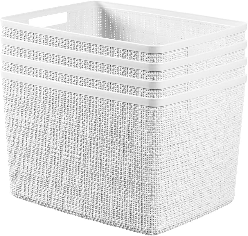 image:imageCurver Set of 2 XL 305L Jute Decorative Plastic Organization and Storage Baskets Perfect Bins for Home Office Closet Shelves Kitchen Pantry and All Bedroom Essentials WhiteWhite
