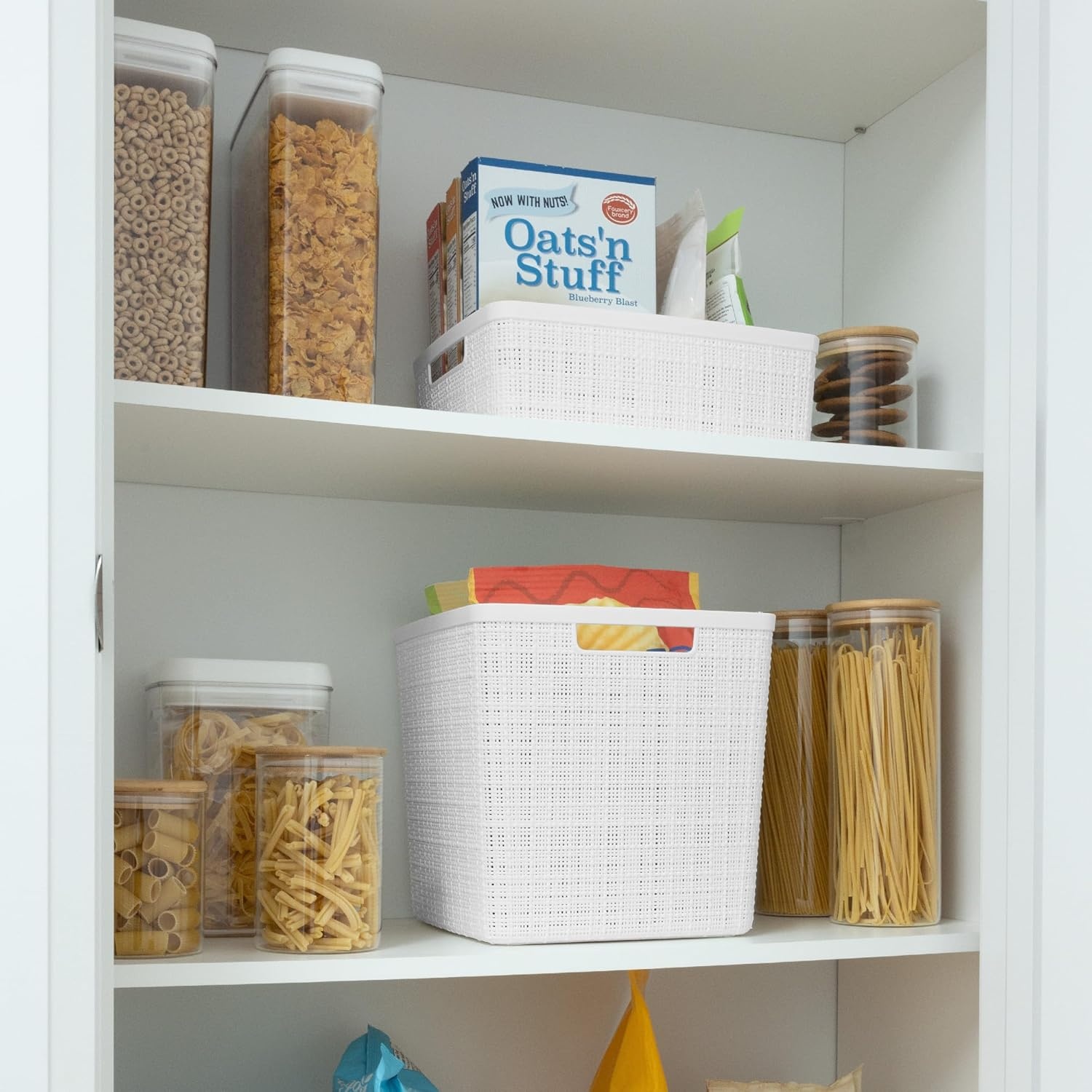 image:imageCurver Set of 2 XL 305L Jute Decorative Plastic Organization and Storage Baskets Perfect Bins for Home Office Closet Shelves Kitchen Pantry and All Bedroom Essentials WhiteWhite