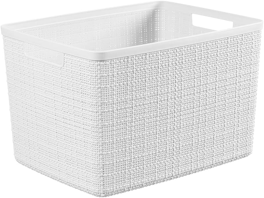 image:imageCurver Set of 2 XL 305L Jute Decorative Plastic Organization and Storage Baskets Perfect Bins for Home Office Closet Shelves Kitchen Pantry and All Bedroom Essentials WhiteWhite