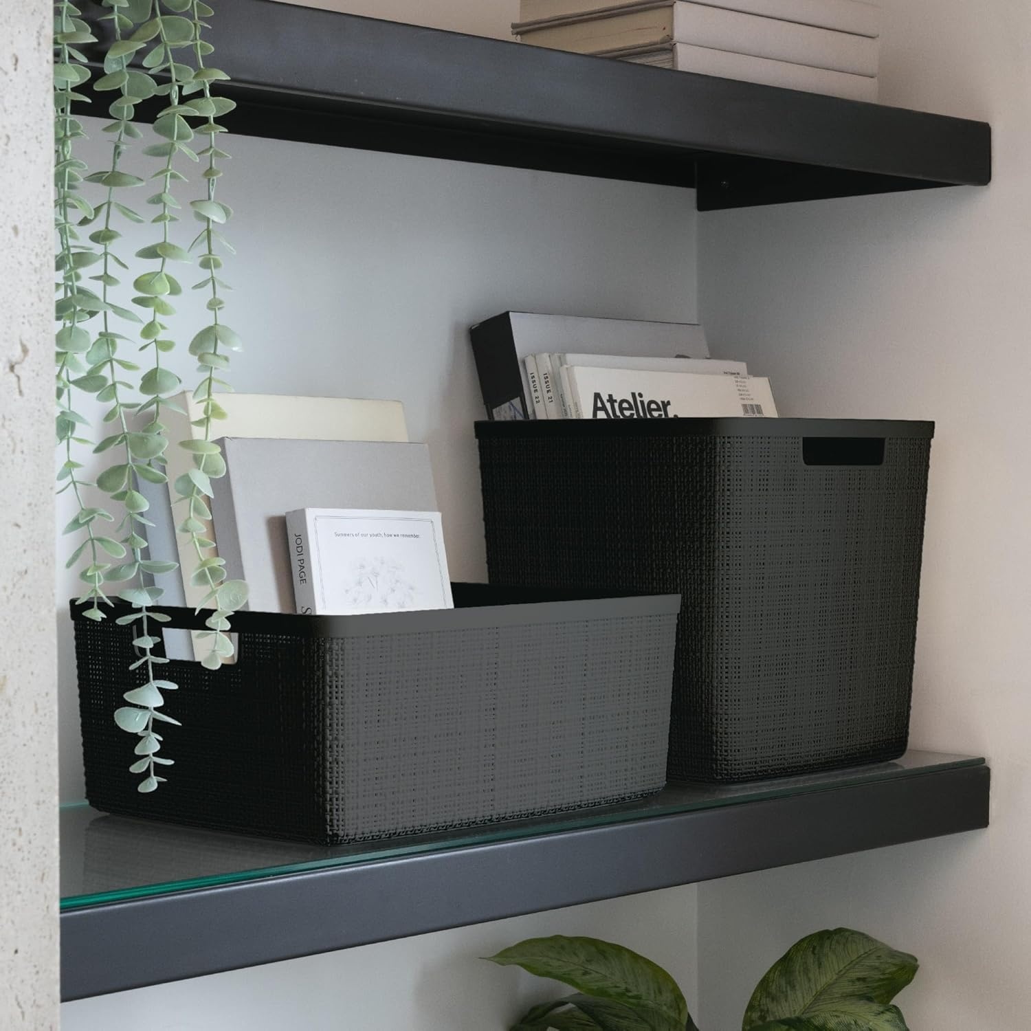 image:imageCurver Set of 2 XL 305L Jute Decorative Plastic Organization and Storage Baskets Perfect Bins for Home Office Closet Shelves Kitchen Pantry and All Bedroom Essentials WhiteBlack