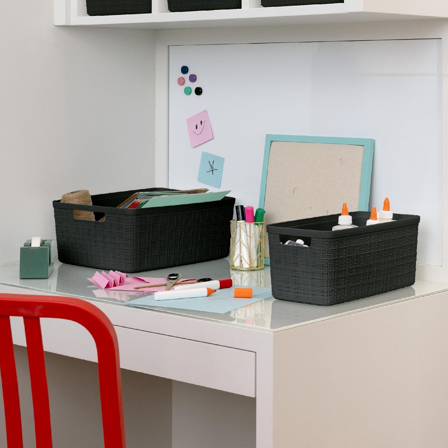 image:imageCurver Set of 2 XL 305L Jute Decorative Plastic Organization and Storage Baskets Perfect Bins for Home Office Closet Shelves Kitchen Pantry and All Bedroom Essentials WhiteBlack