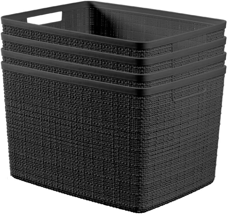 image:imageCurver Set of 2 XL 305L Jute Decorative Plastic Organization and Storage Baskets Perfect Bins for Home Office Closet Shelves Kitchen Pantry and All Bedroom Essentials WhiteBlack