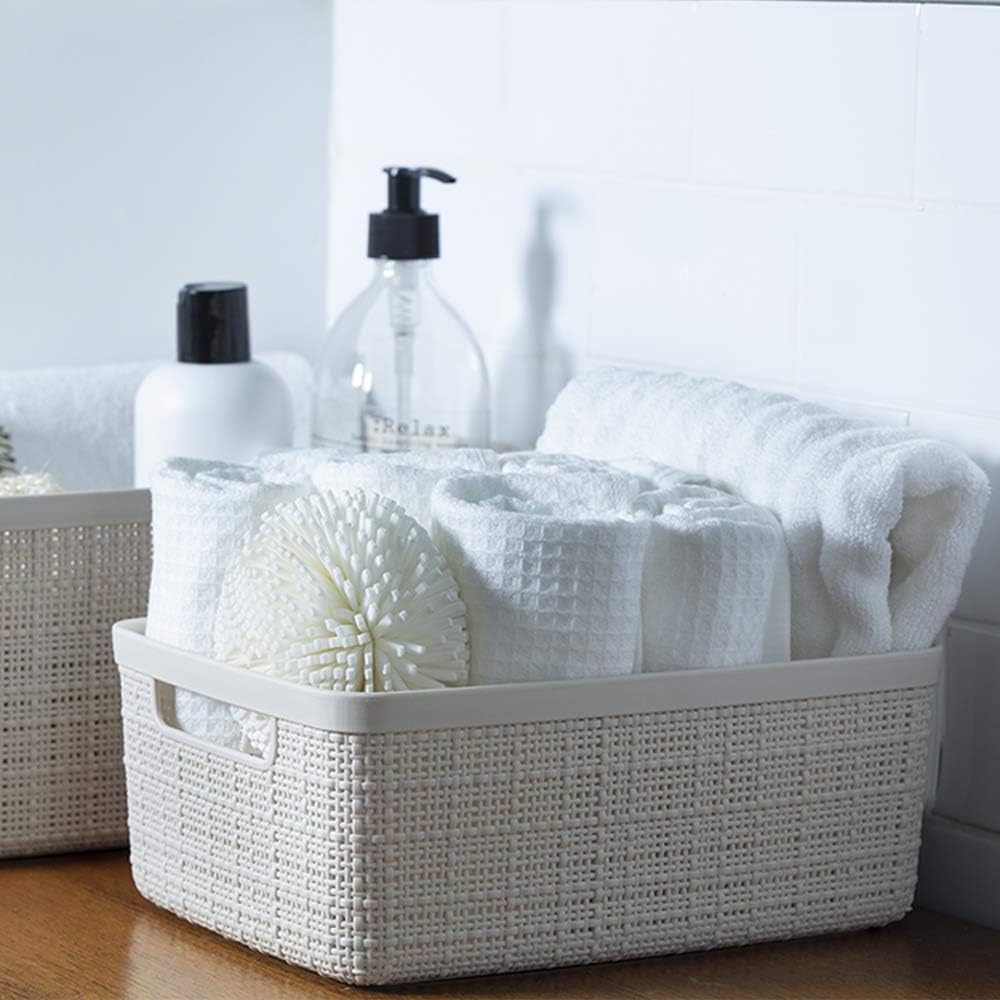 image:imageCurver Set of 2 XL 305L Jute Decorative Plastic Organization and Storage Baskets Perfect Bins for Home Office Closet Shelves Kitchen Pantry and All Bedroom Essentials WhiteWhite