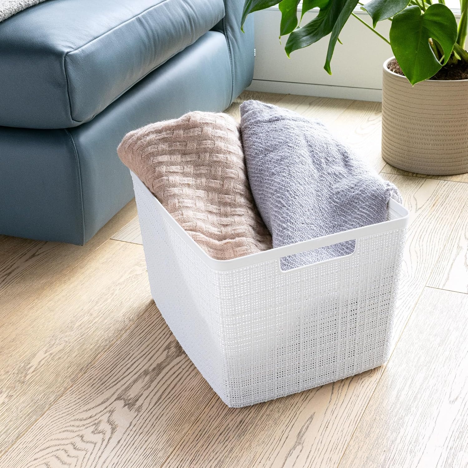 image:imageCurver Set of 2 XL 305L Jute Decorative Plastic Organization and Storage Baskets Perfect Bins for Home Office Closet Shelves Kitchen Pantry and All Bedroom Essentials WhiteWhite