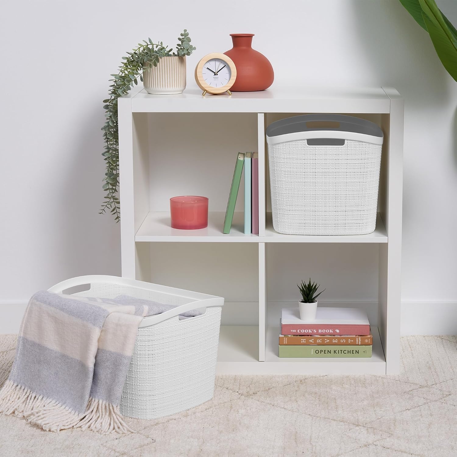 image:imageCurver Set of 2 XL 305L Jute Decorative Plastic Organization and Storage Baskets Perfect Bins for Home Office Closet Shelves Kitchen Pantry and All Bedroom Essentials WhiteWhite