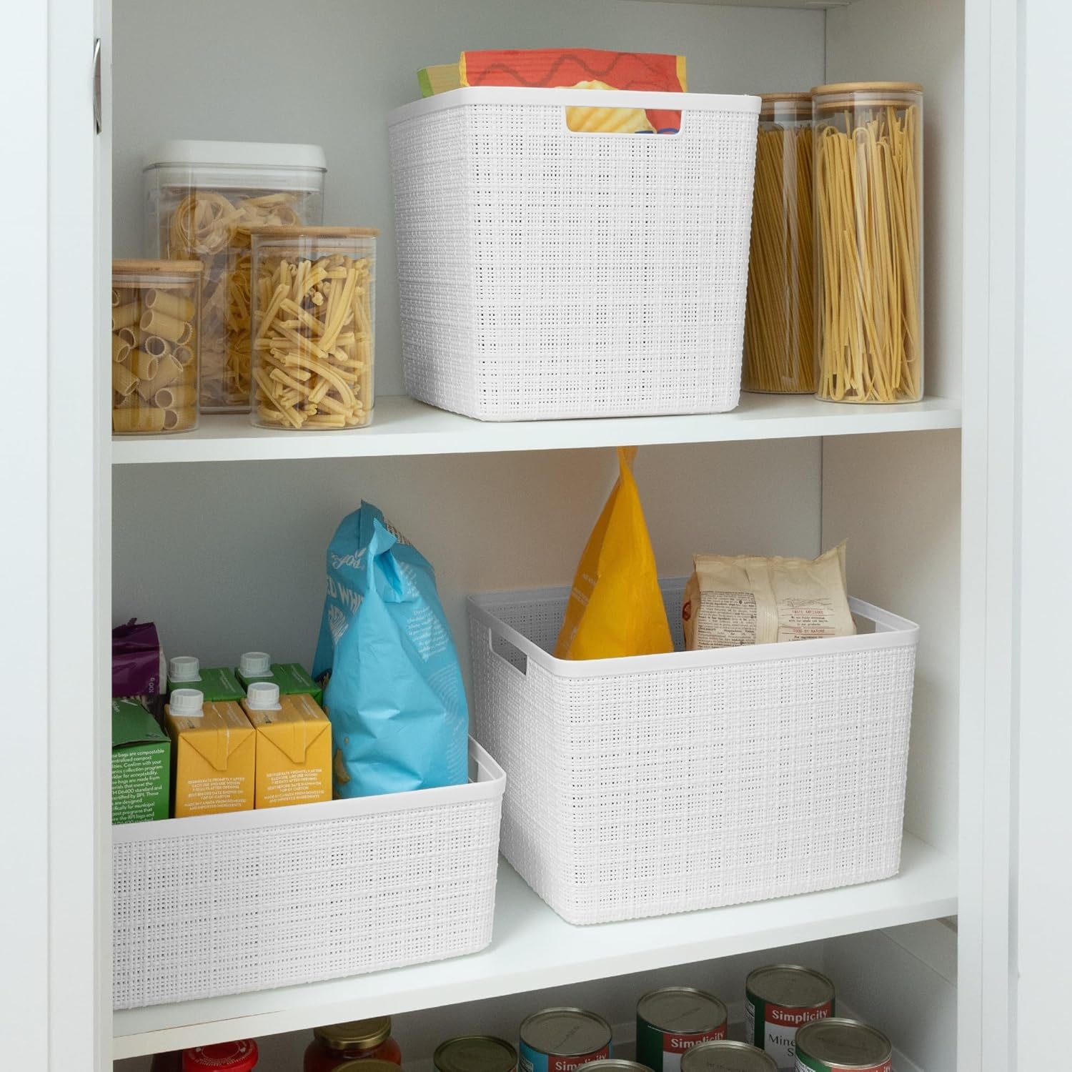 image:imageCurver Set of 2 XL 305L Jute Decorative Plastic Organization and Storage Baskets Perfect Bins for Home Office Closet Shelves Kitchen Pantry and All Bedroom Essentials WhiteWhite