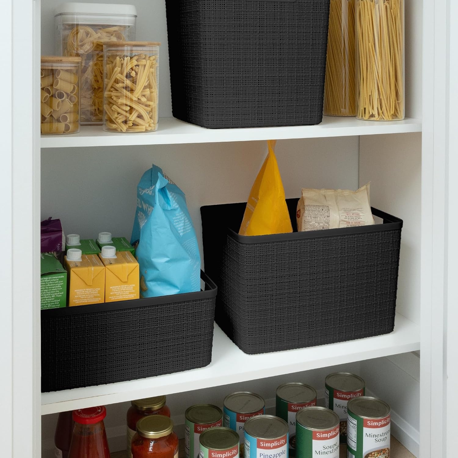 image:imageCurver Set of 2 XL 305L Jute Decorative Plastic Organization and Storage Baskets Perfect Bins for Home Office Closet Shelves Kitchen Pantry and All Bedroom Essentials WhiteBlack