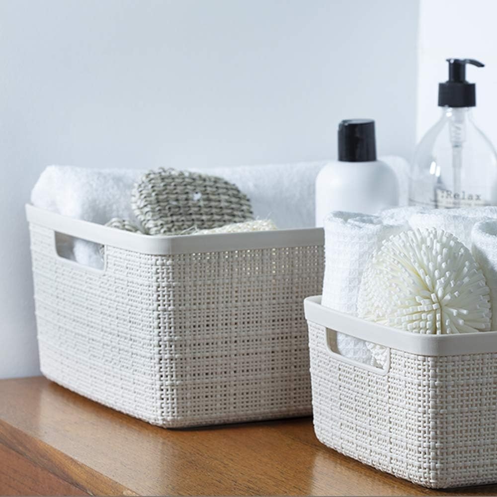 image:imageCurver Set of 2 XL 305L Jute Decorative Plastic Organization and Storage Baskets Perfect Bins for Home Office Closet Shelves Kitchen Pantry and All Bedroom Essentials WhiteWhite