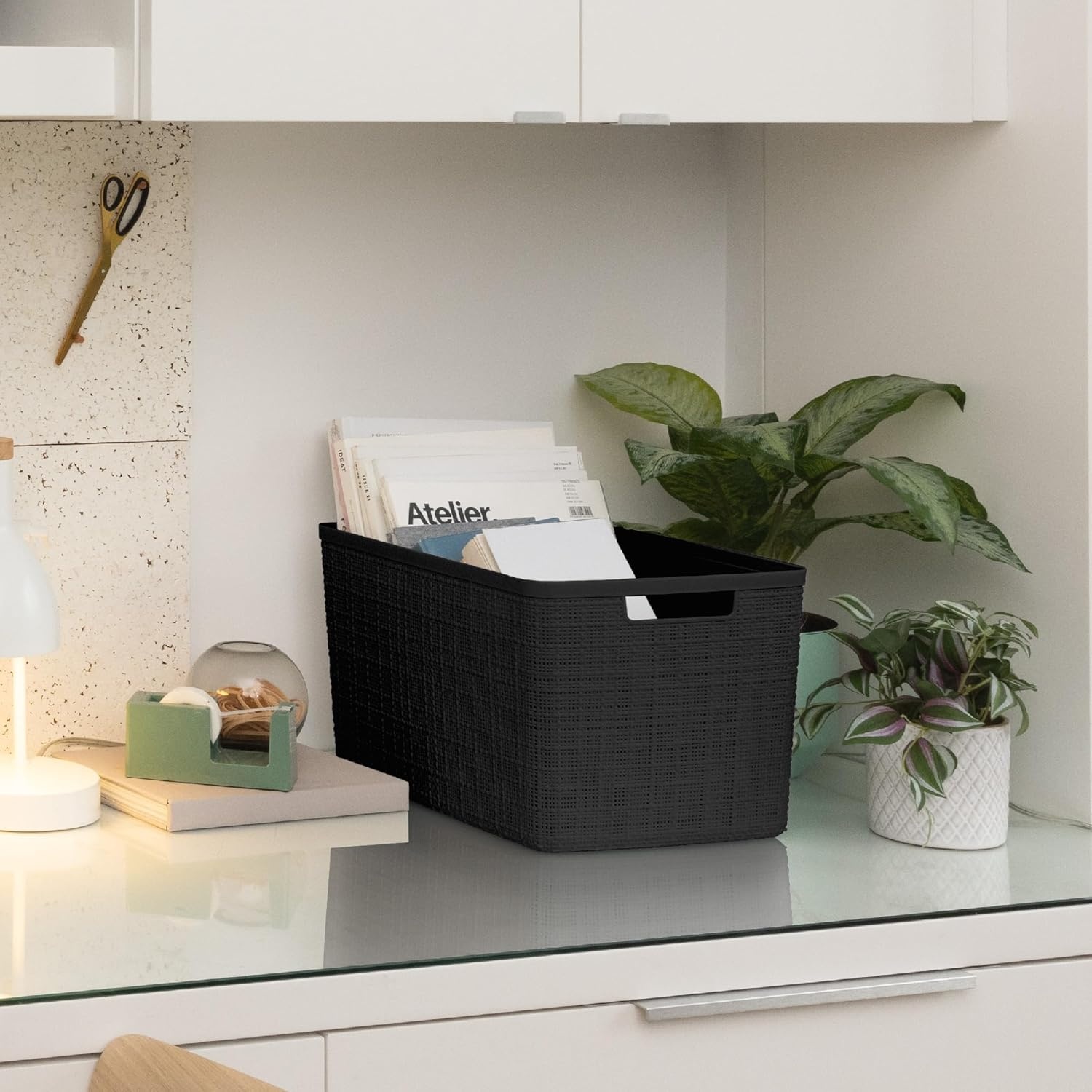 image:imageCurver Set of 2 XL 305L Jute Decorative Plastic Organization and Storage Baskets Perfect Bins for Home Office Closet Shelves Kitchen Pantry and All Bedroom Essentials WhiteBlack