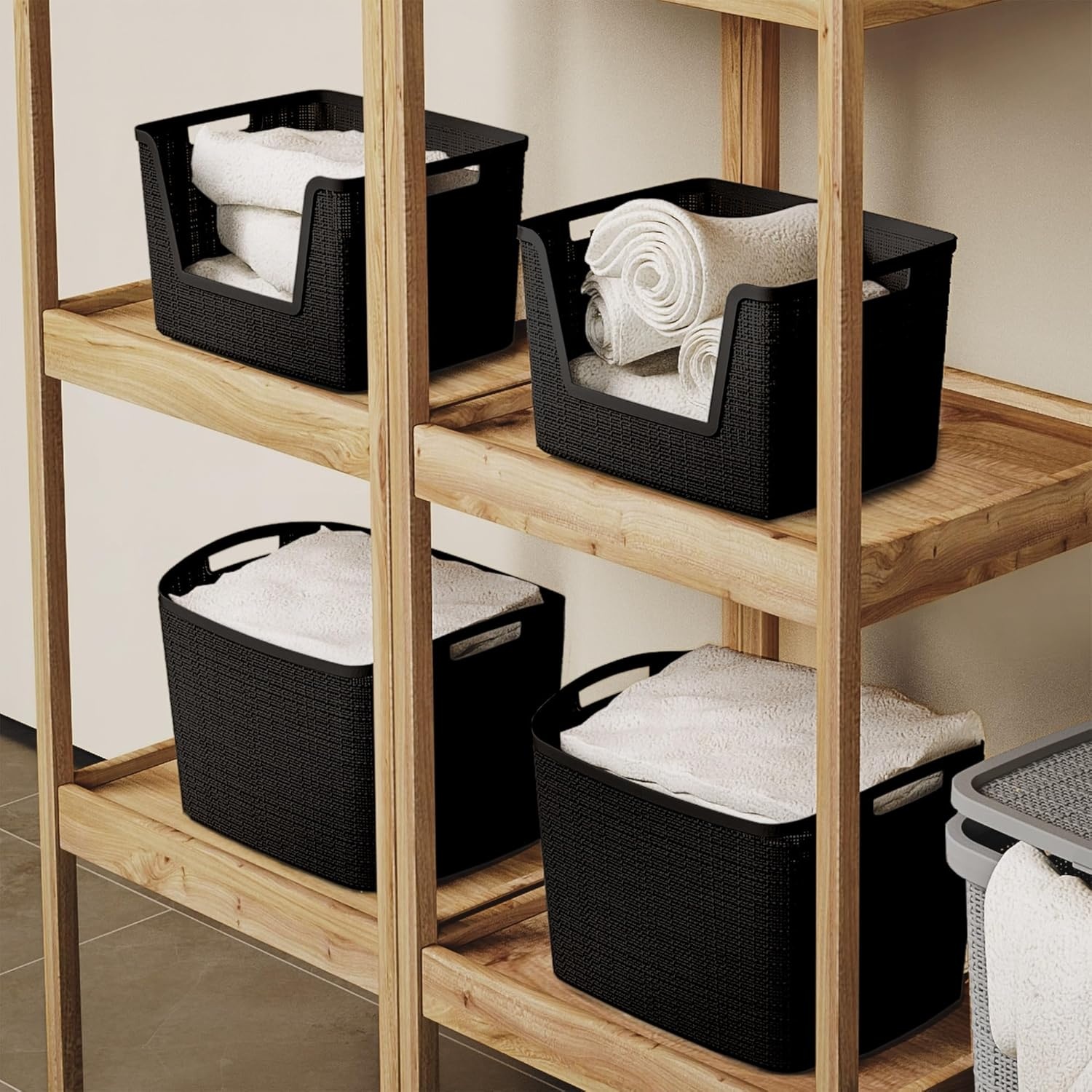 image:imageCurver Set of 2 XL 305L Jute Decorative Plastic Organization and Storage Baskets Perfect Bins for Home Office Closet Shelves Kitchen Pantry and All Bedroom Essentials WhiteBlack