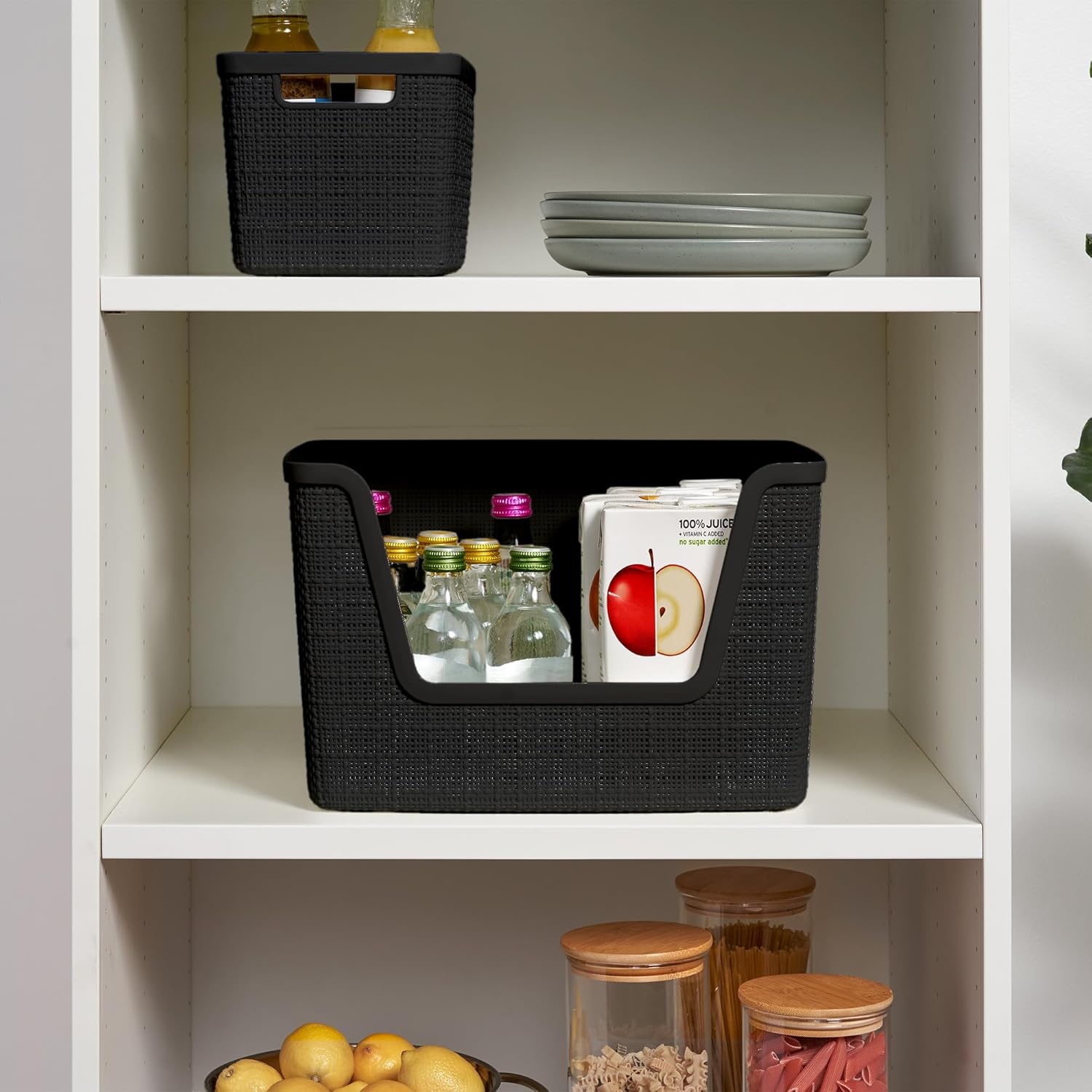 image:imageCurver Set of 2 XL 305L Jute Decorative Plastic Organization and Storage Baskets Perfect Bins for Home Office Closet Shelves Kitchen Pantry and All Bedroom Essentials WhiteBlack