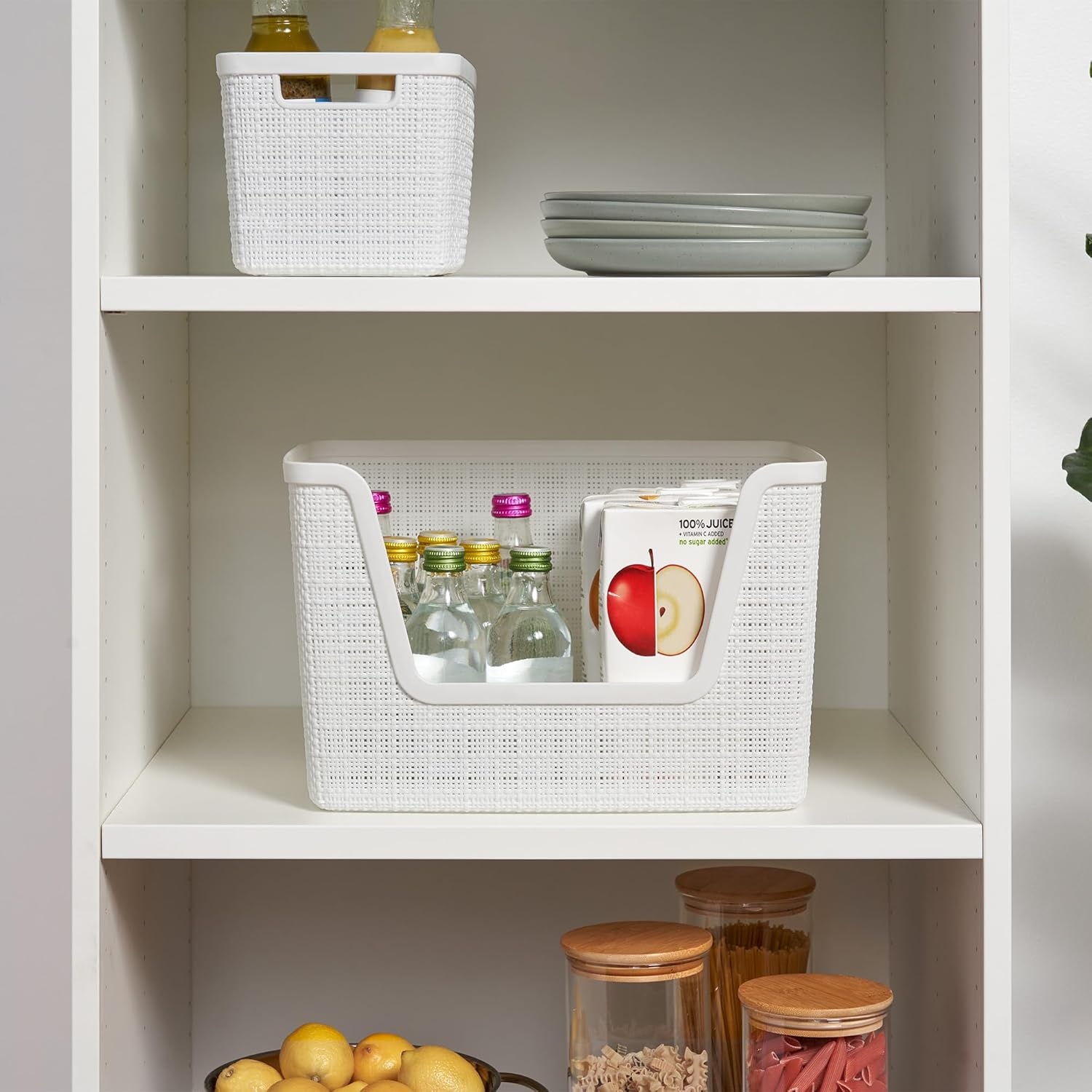 image:imageCurver Set of 2 XL 305L Jute Decorative Plastic Organization and Storage Baskets Perfect Bins for Home Office Closet Shelves Kitchen Pantry and All Bedroom Essentials WhiteWhite