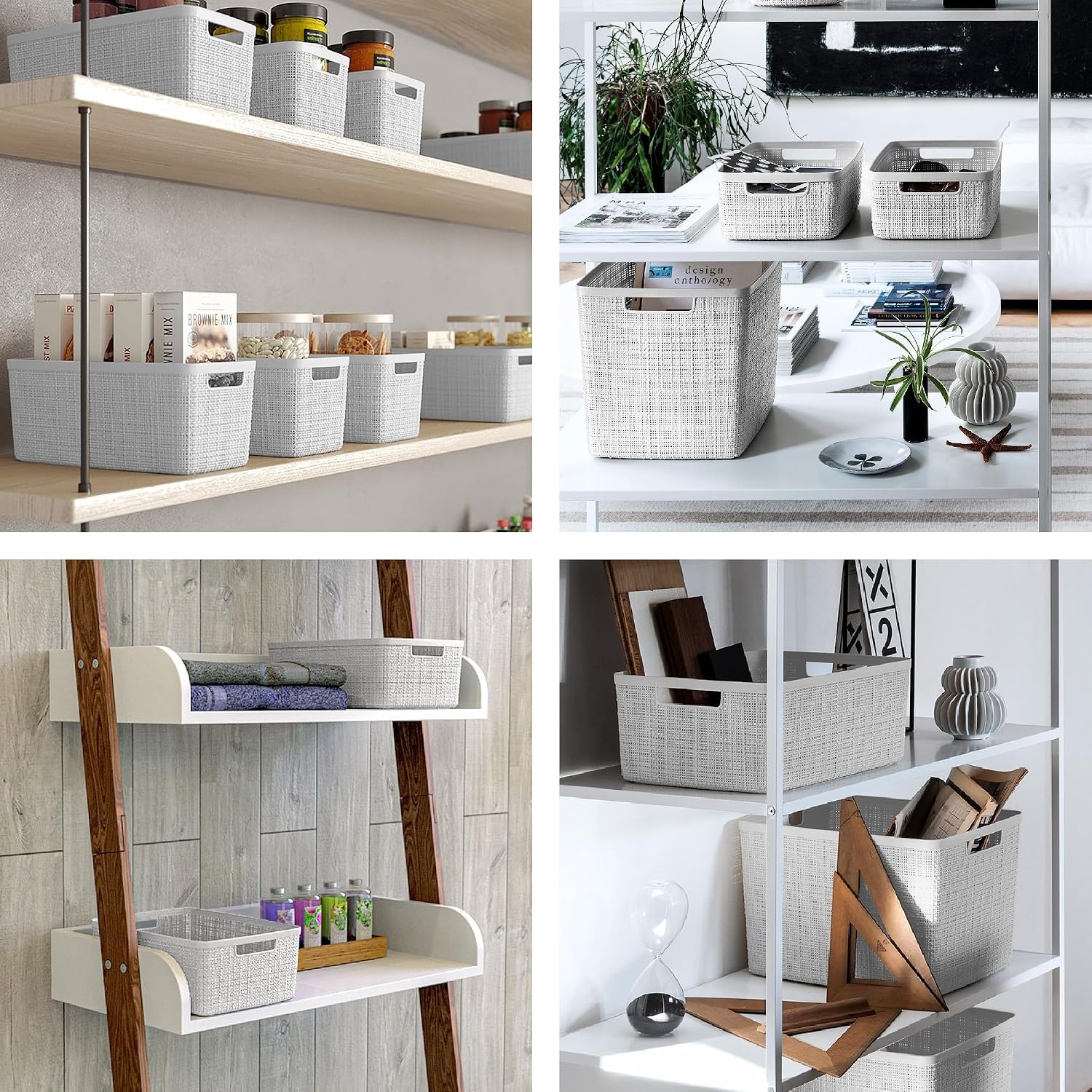 image:imageCurver Set of 2 XL 305L Jute Decorative Plastic Organization and Storage Baskets Perfect Bins for Home Office Closet Shelves Kitchen Pantry and All Bedroom Essentials WhiteWhite