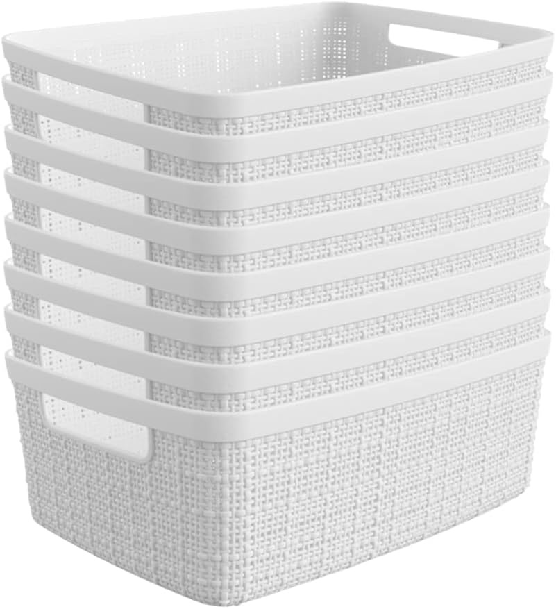 image:imageCurver Set of 2 XL 305L Jute Decorative Plastic Organization and Storage Baskets Perfect Bins for Home Office Closet Shelves Kitchen Pantry and All Bedroom Essentials WhiteWhite