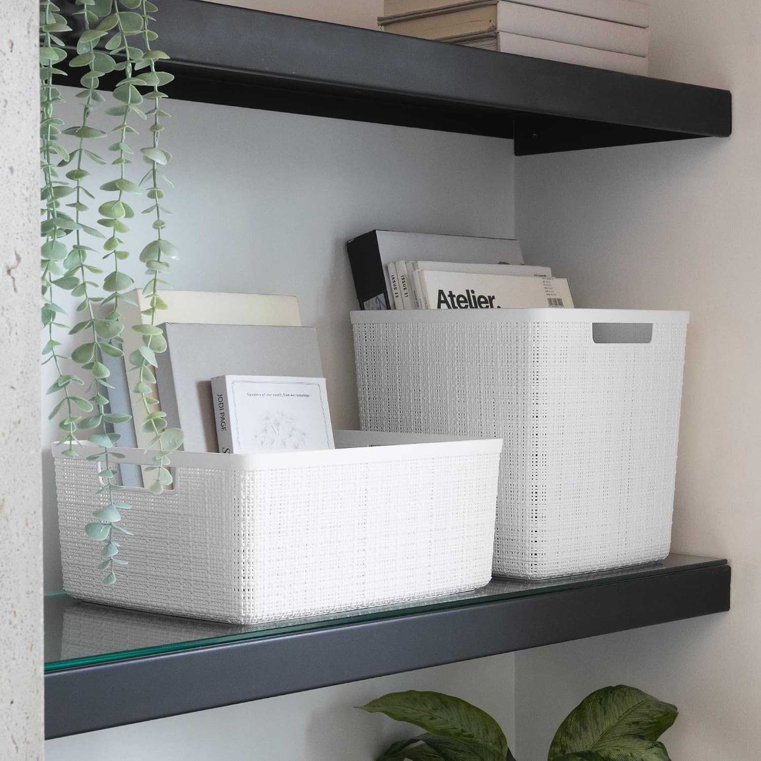 image:imageCurver Set of 2 XL 305L Jute Decorative Plastic Organization and Storage Baskets Perfect Bins for Home Office Closet Shelves Kitchen Pantry and All Bedroom Essentials WhiteWhite
