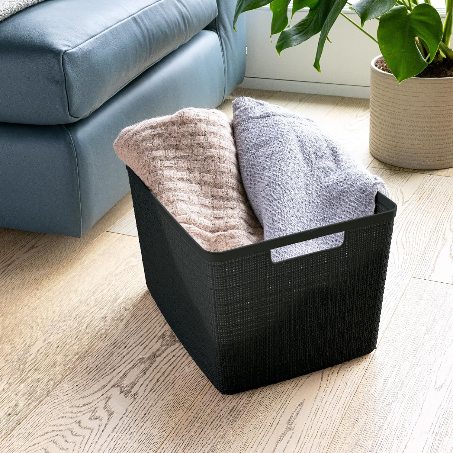image:imageCurver Set of 2 XL 305L Jute Decorative Plastic Organization and Storage Baskets Perfect Bins for Home Office Closet Shelves Kitchen Pantry and All Bedroom Essentials WhiteBlack