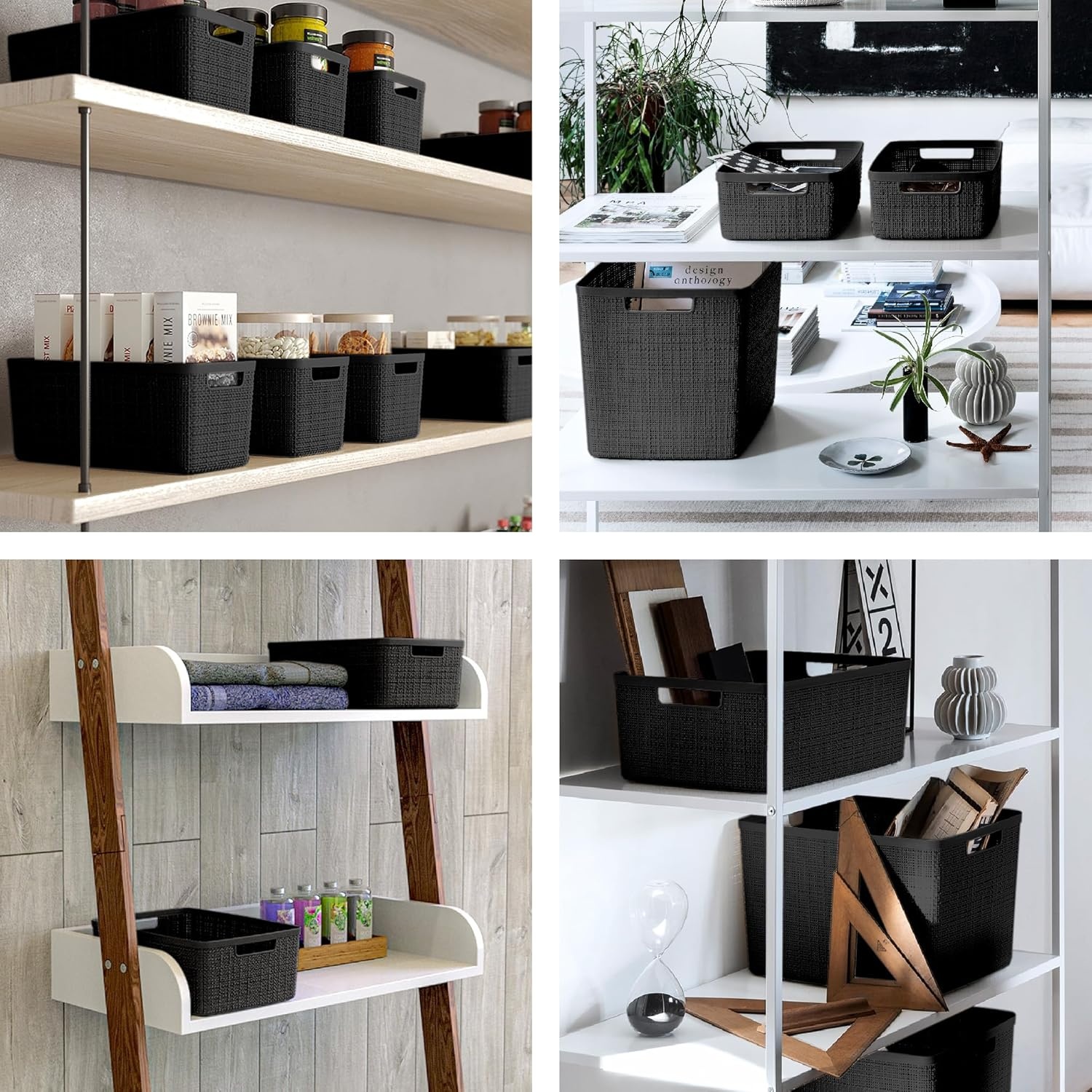 image:imageCurver Set of 2 XL 305L Jute Decorative Plastic Organization and Storage Baskets Perfect Bins for Home Office Closet Shelves Kitchen Pantry and All Bedroom Essentials WhiteBlack