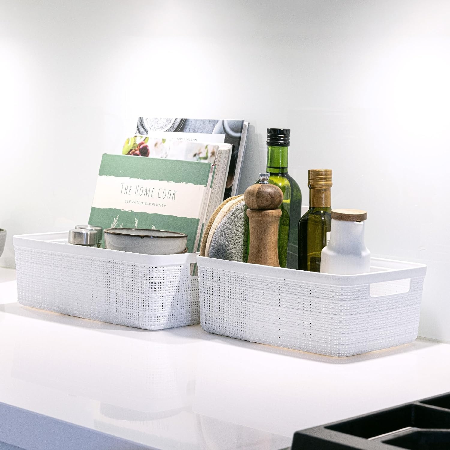 image:imageCurver Set of 2 XL 305L Jute Decorative Plastic Organization and Storage Baskets Perfect Bins for Home Office Closet Shelves Kitchen Pantry and All Bedroom Essentials WhiteWhite