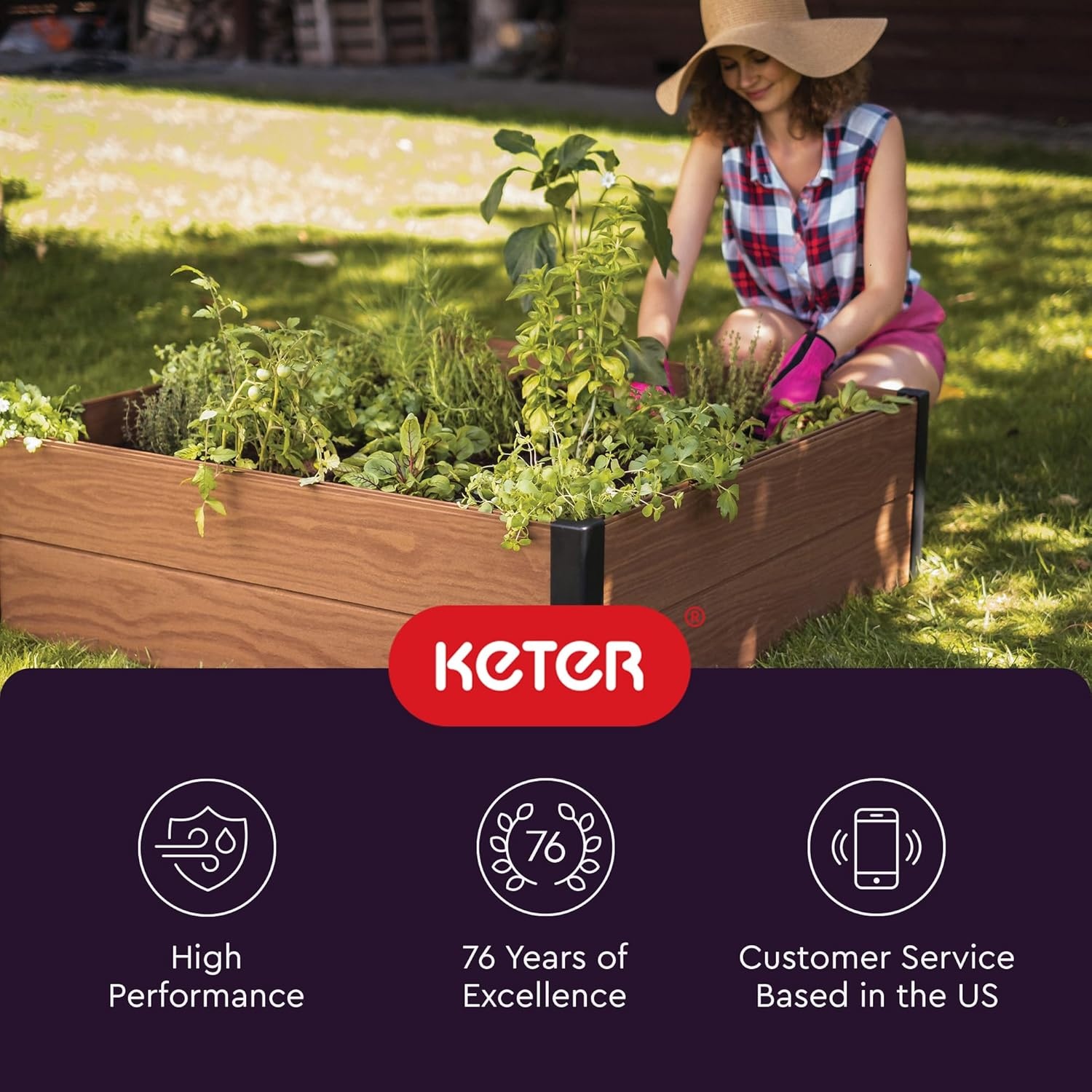 image:imageKeter 48 X 48 inches Wood Look Raised Garden Bed Durable Outdoor Herb Garden Planter for Vegetables Flowers and Succulents GreyBrown