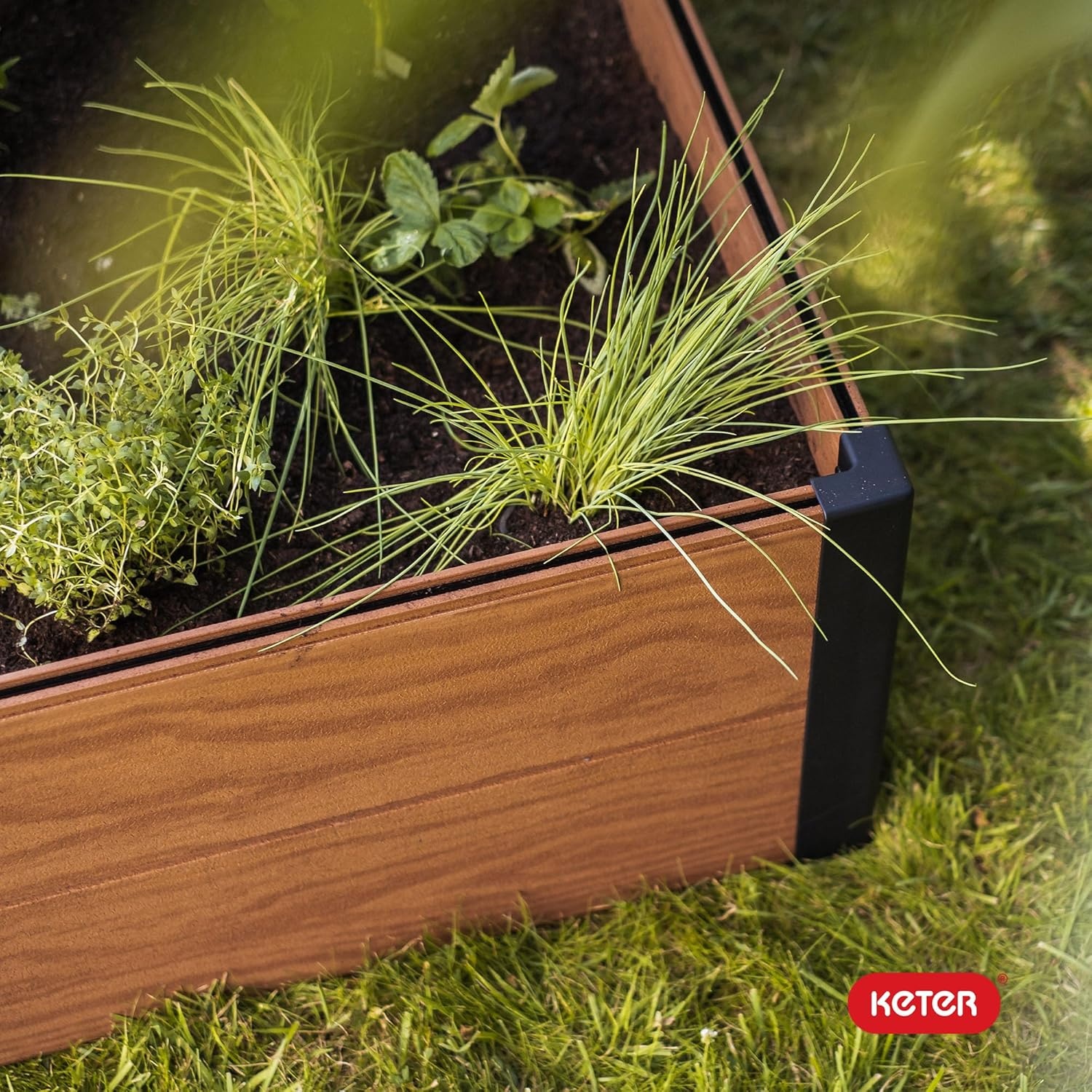 image:imageKeter 48 X 48 inches Wood Look Raised Garden Bed Durable Outdoor Herb Garden Planter for Vegetables Flowers and Succulents GreyBrown