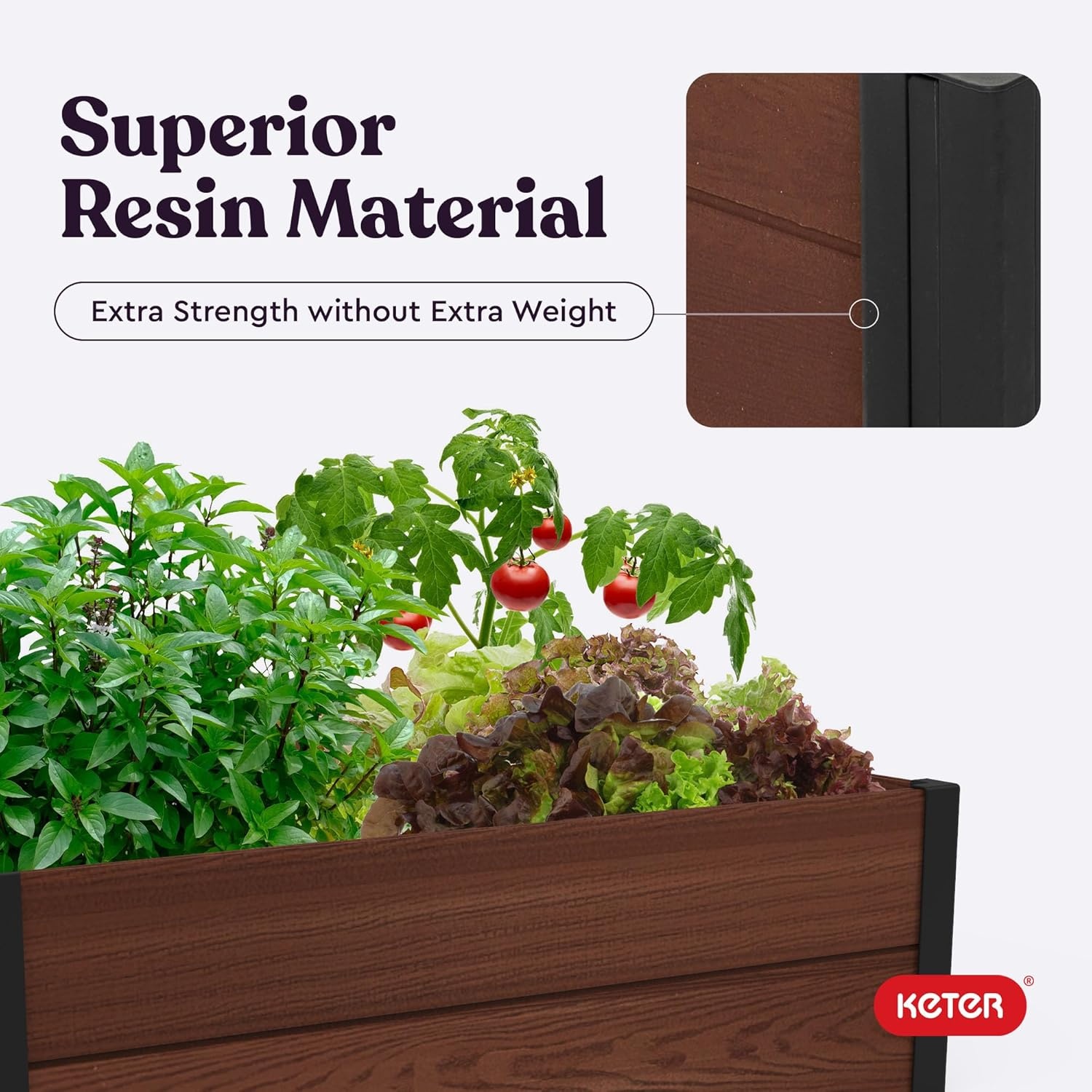 image:imageKeter 48 X 48 inches Wood Look Raised Garden Bed Durable Outdoor Herb Garden Planter for Vegetables Flowers and Succulents GreyBrown