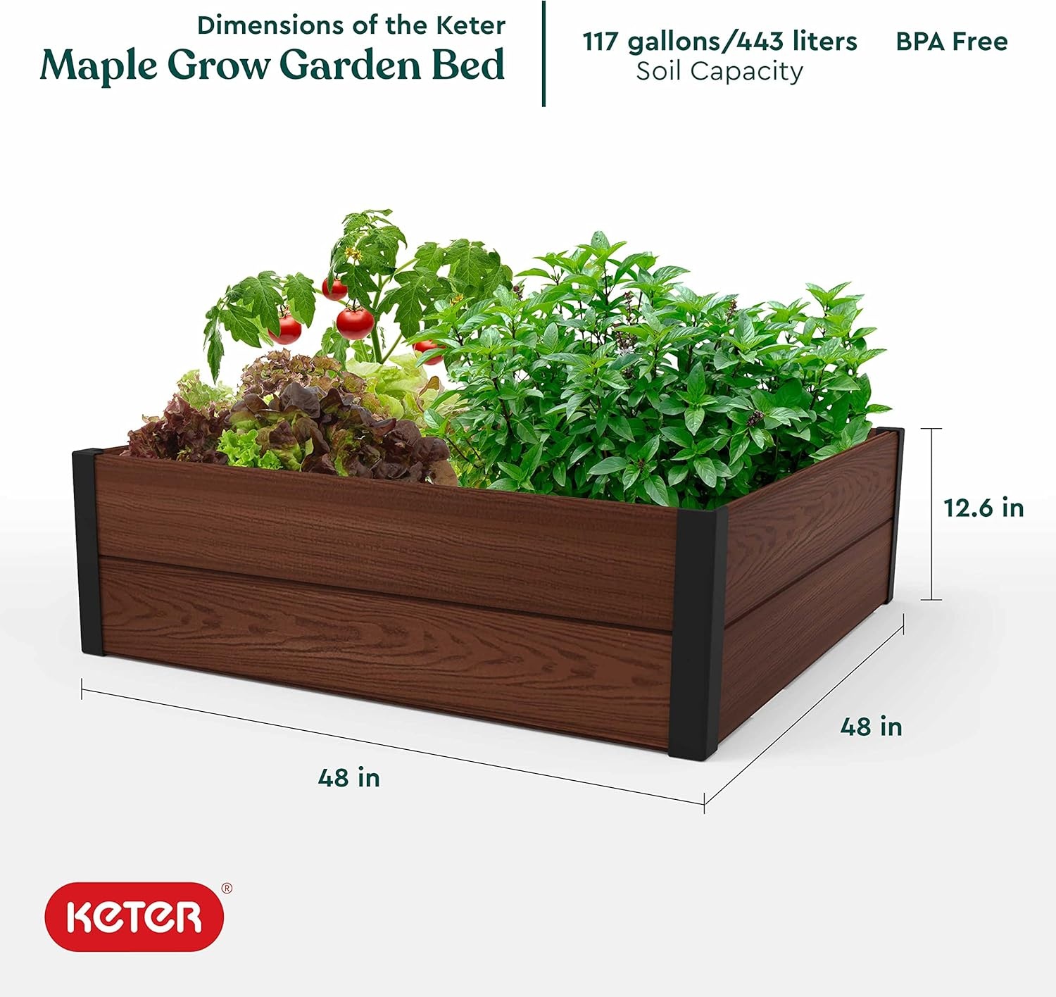 image:imageKeter 48 X 48 inches Wood Look Raised Garden Bed Durable Outdoor Herb Garden Planter for Vegetables Flowers and Succulents GreyBrown