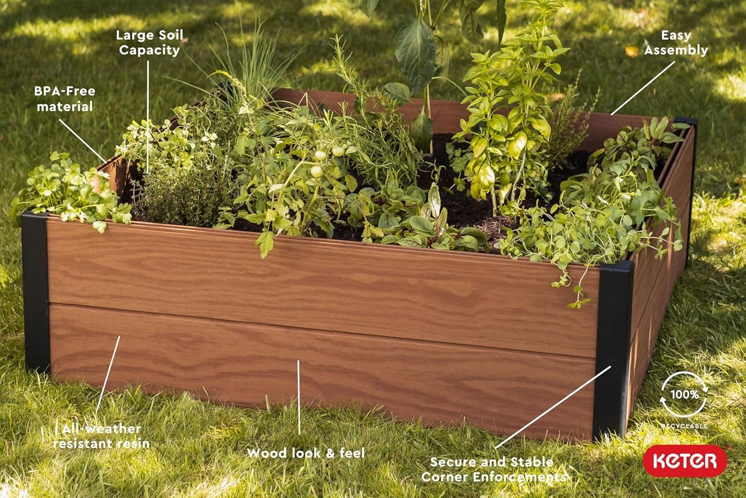 image:imageKeter 48 X 48 inches Wood Look Raised Garden Bed Durable Outdoor Herb Garden Planter for Vegetables Flowers and Succulents GreyBrown