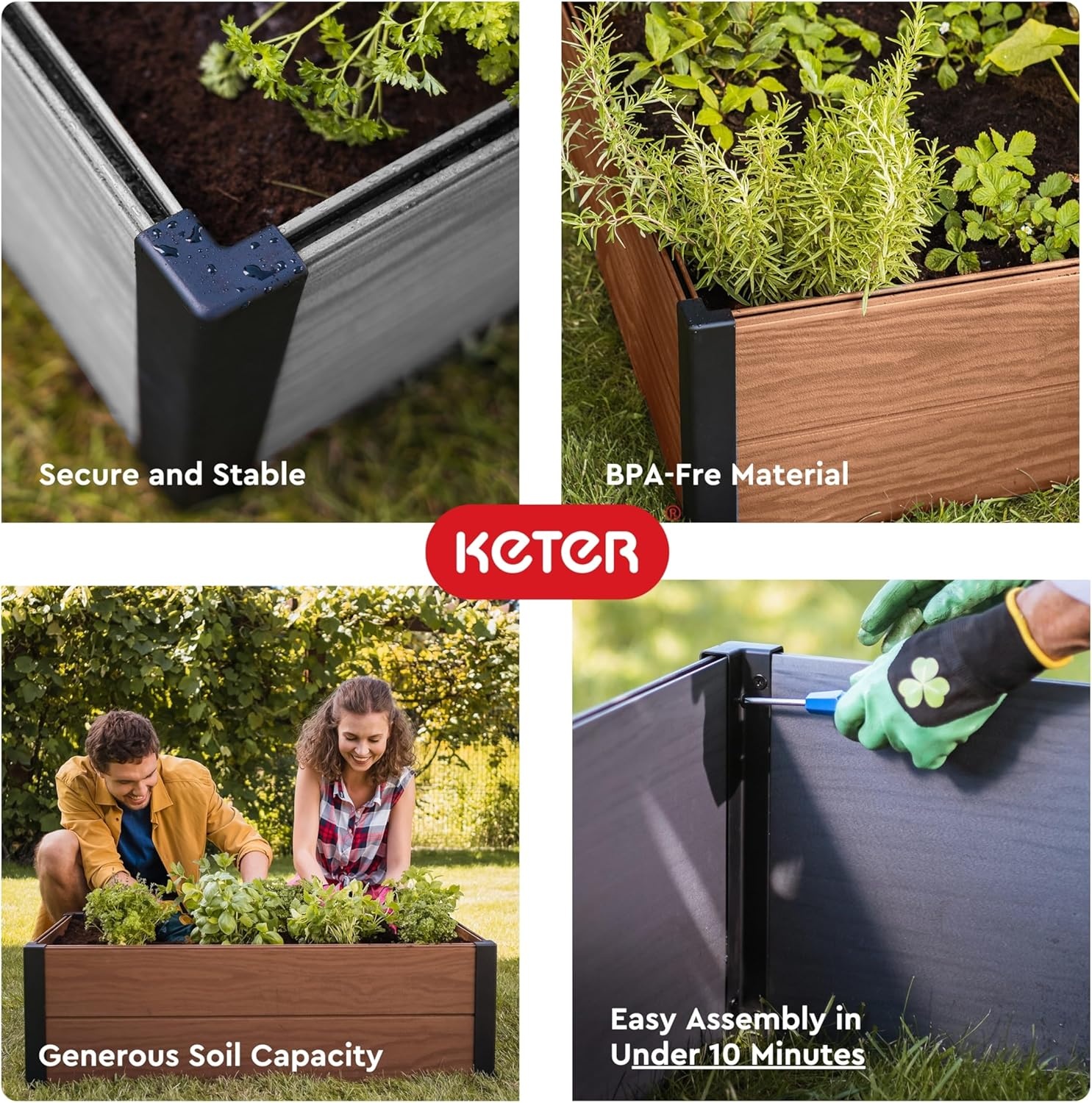 image:imageKeter 48 X 48 inches Wood Look Raised Garden Bed Durable Outdoor Herb Garden Planter for Vegetables Flowers and Succulents GreyBrown