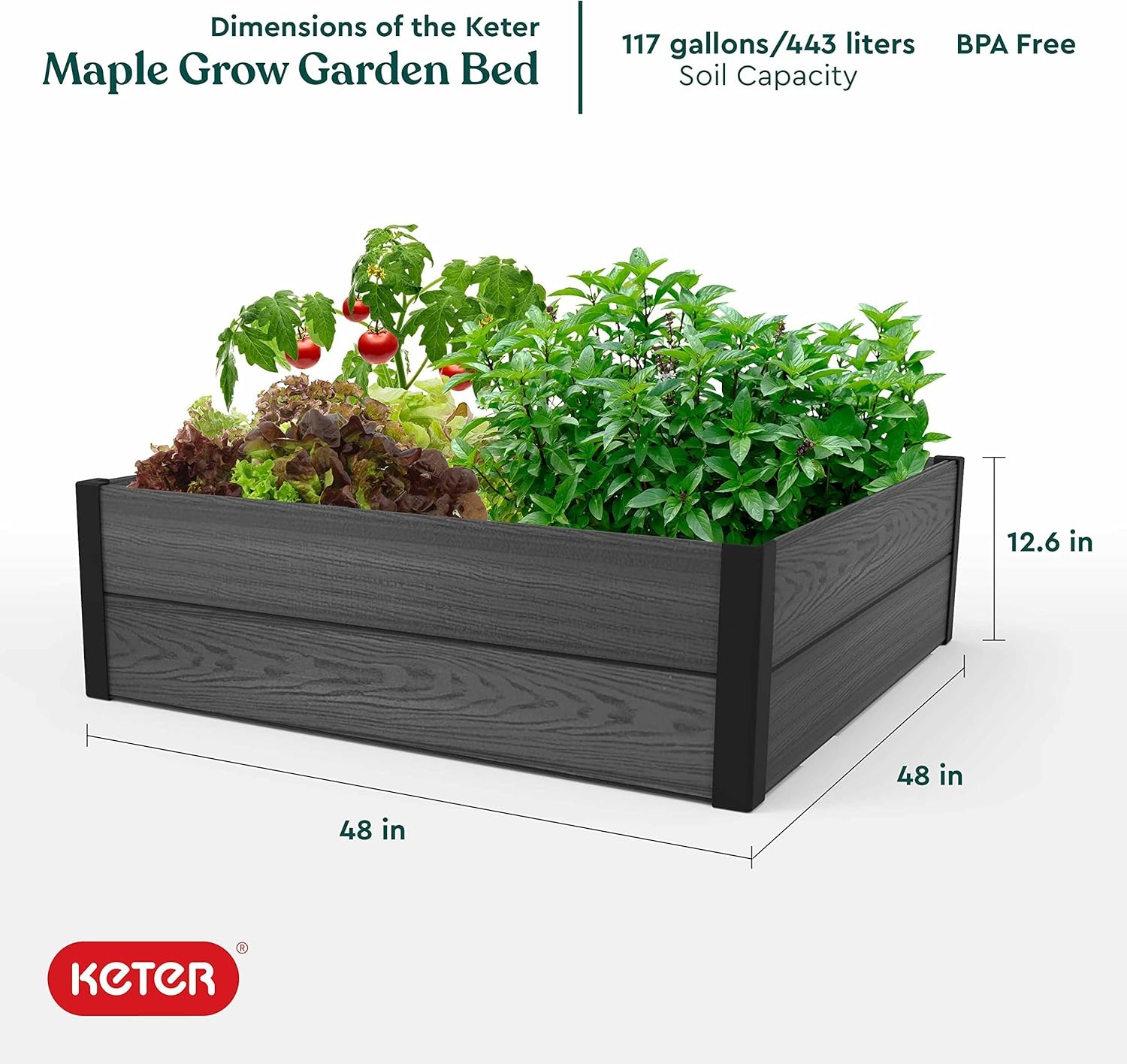 image:imageKeter 48 X 48 inches Wood Look Raised Garden Bed Durable Outdoor Herb Garden Planter for Vegetables Flowers and Succulents GreyGray
