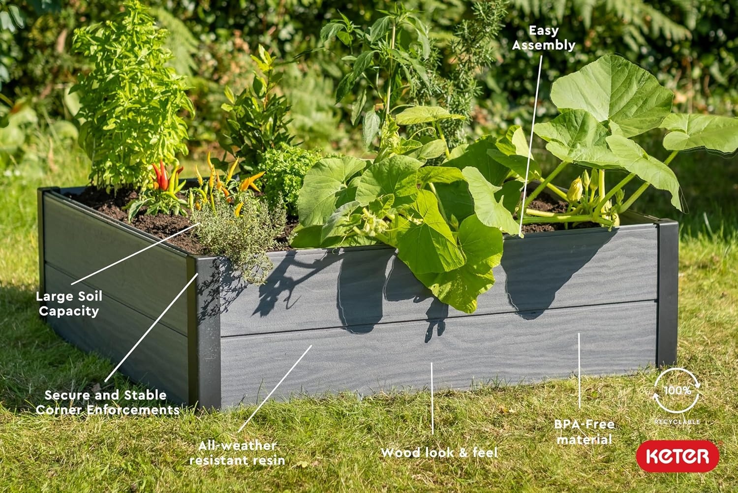 image:imageKeter 48 X 48 inches Wood Look Raised Garden Bed Durable Outdoor Herb Garden Planter for Vegetables Flowers and Succulents GreyGray