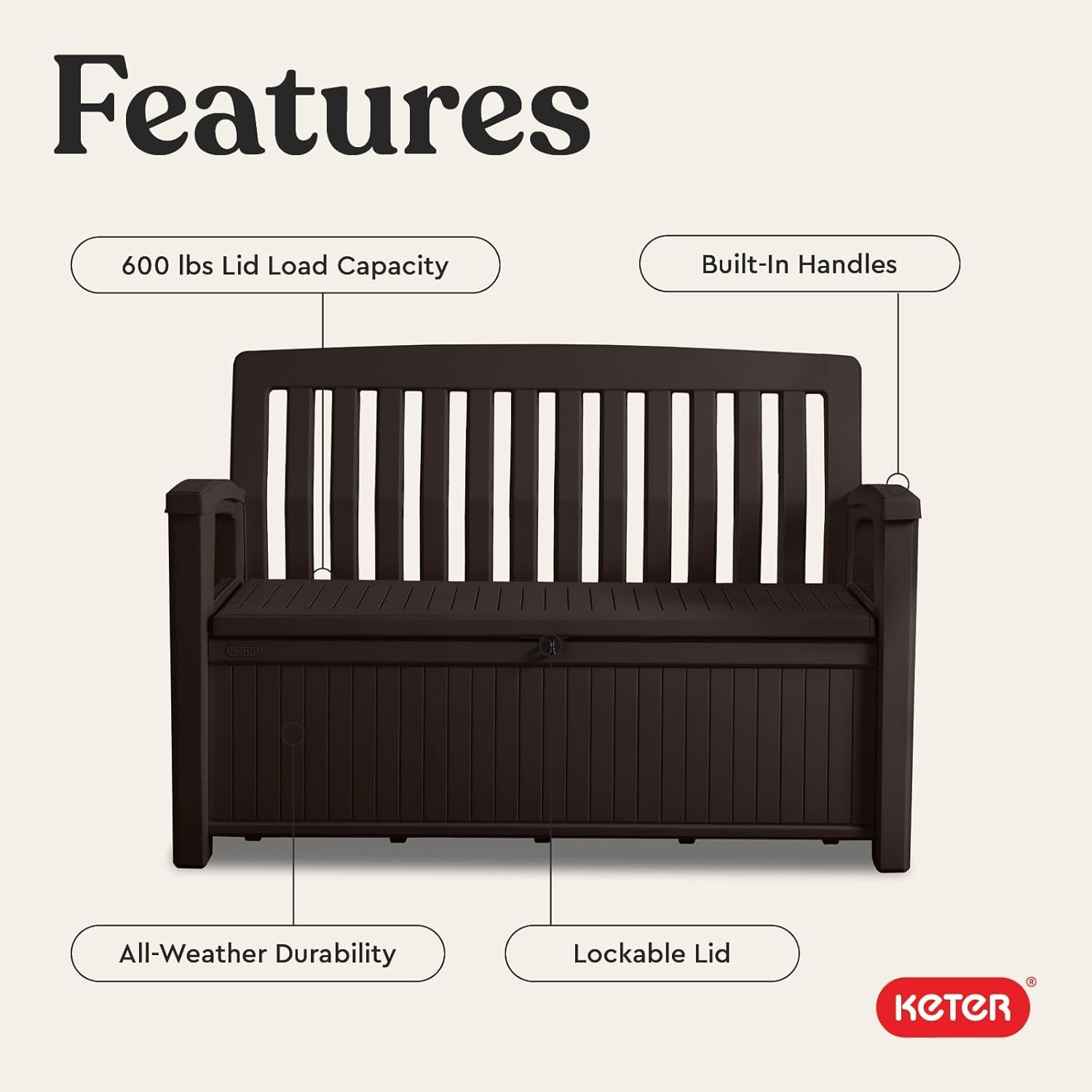 image:imageKeter 60 Gallon Storage Bench Deck Box for Patio Furniture Front Porch Decor and Outdoor Seating Perfect to Store Garden Tools