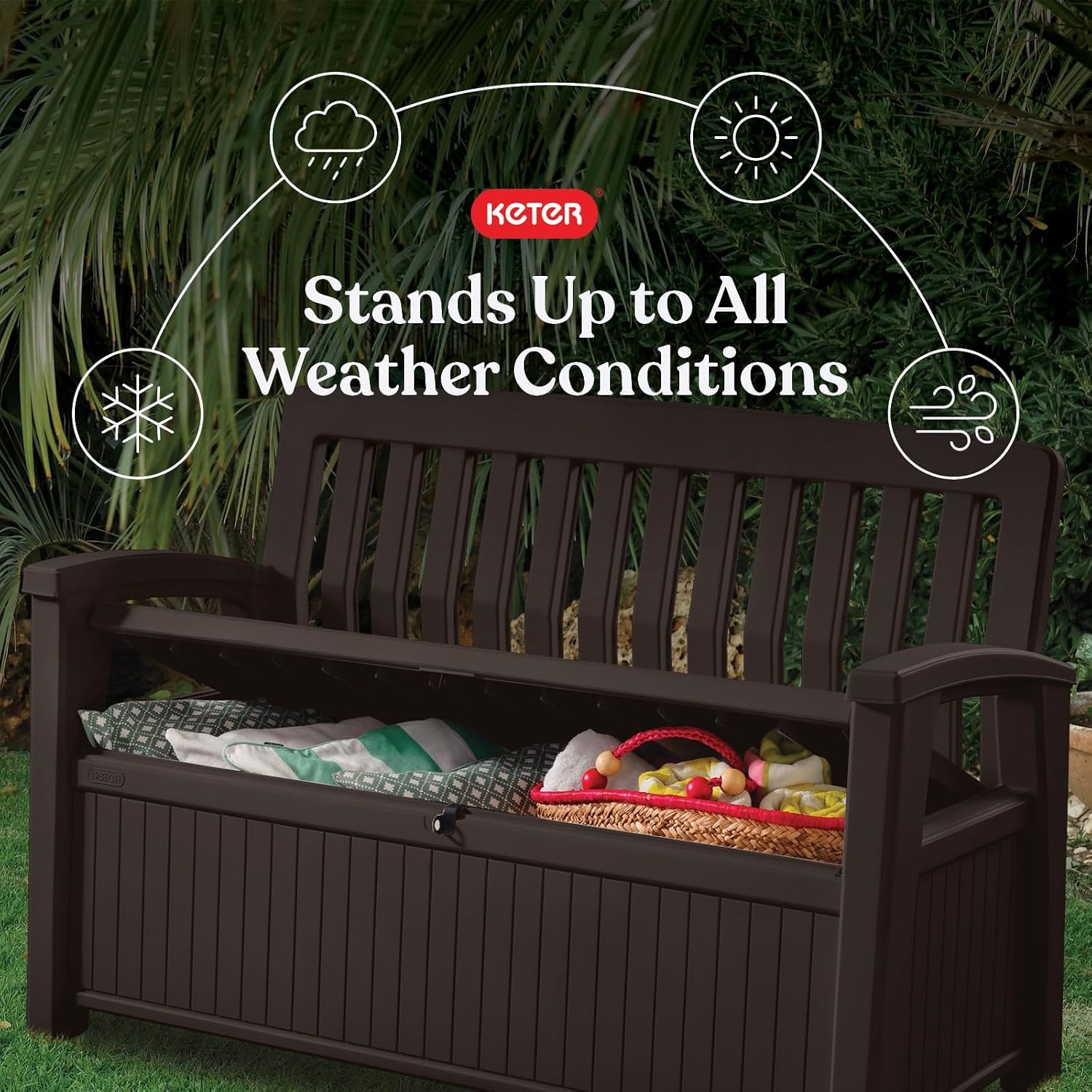 image:imageKeter 60 Gallon Storage Bench Deck Box for Patio Furniture Front Porch Decor and Outdoor Seating Perfect to Store Garden Tools