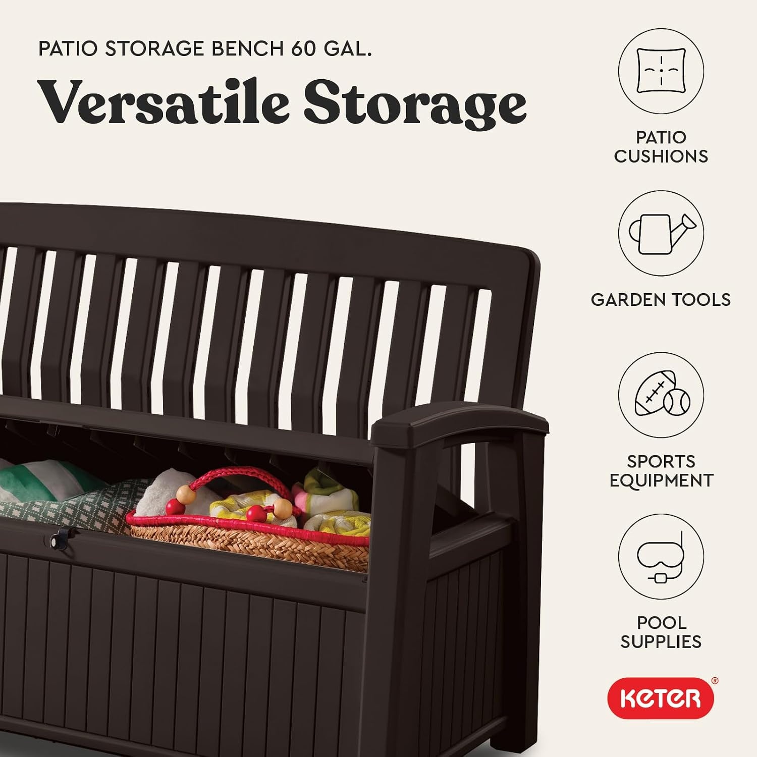 image:imageKeter 60 Gallon Storage Bench Deck Box for Patio Furniture Front Porch Decor and Outdoor Seating Perfect to Store Garden Tools