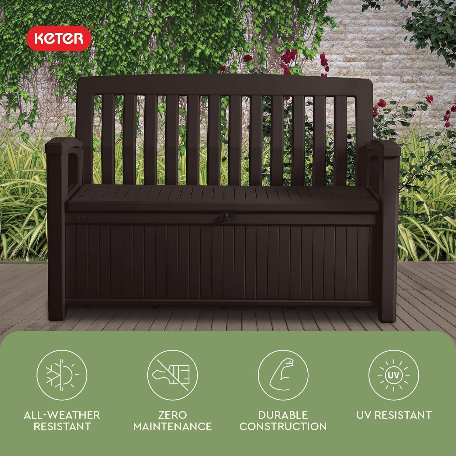 image:imageKeter 60 Gallon Storage Bench Deck Box for Patio Furniture Front Porch Decor and Outdoor Seating Perfect to Store Garden Tools