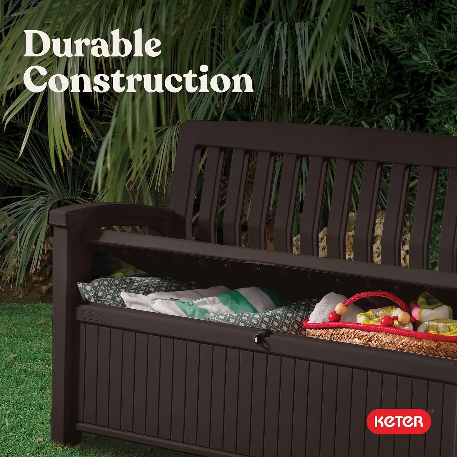image:imageKeter 60 Gallon Storage Bench Deck Box for Patio Furniture Front Porch Decor and Outdoor Seating Perfect to Store Garden Tools