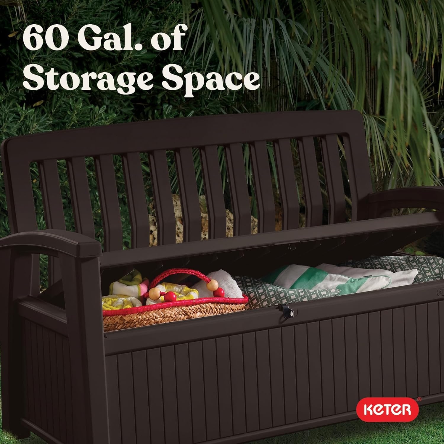 image:imageKeter 60 Gallon Storage Bench Deck Box for Patio Furniture Front Porch Decor and Outdoor Seating Perfect to Store Garden Tools