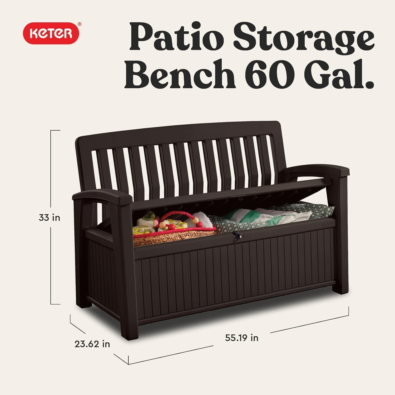 image:imageKeter 60 Gallon Storage Bench Deck Box for Patio Furniture Front Porch Decor and Outdoor Seating Perfect to Store Garden Tools