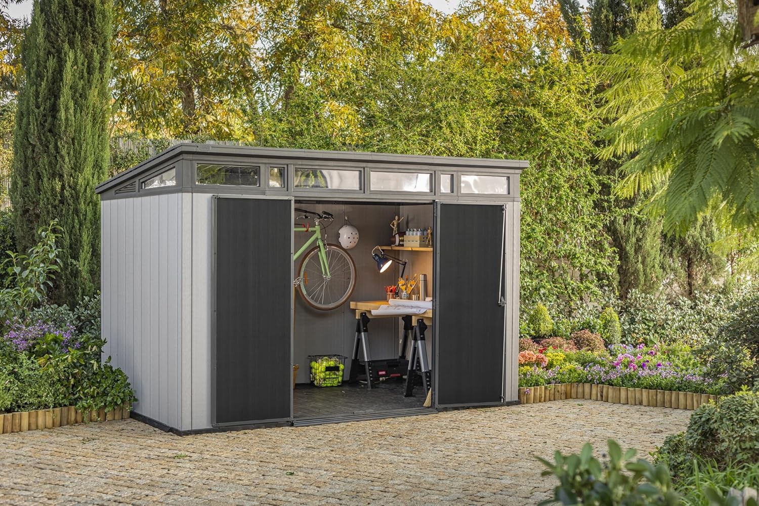 image:imageKeter Artisan 11x7 Modern Resin Outdoor Storage Shed KitPerfect to Store Patio Furniture Garden Tools Bike Accessories Beach Chairs and Lawn Mower Grey amp Black