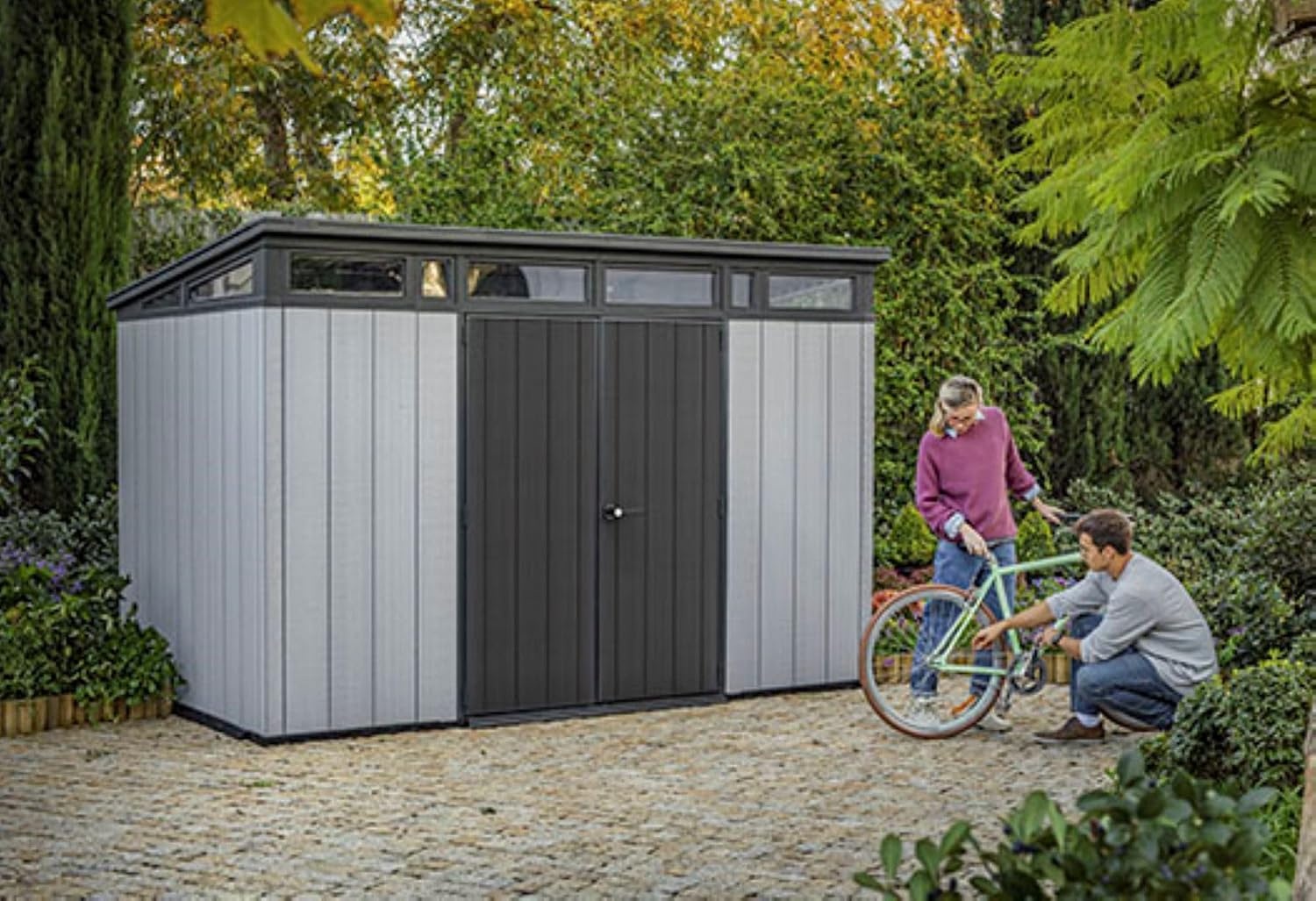 image:imageKeter Artisan 11x7 Modern Resin Outdoor Storage Shed KitPerfect to Store Patio Furniture Garden Tools Bike Accessories Beach Chairs and Lawn Mower Grey amp Black