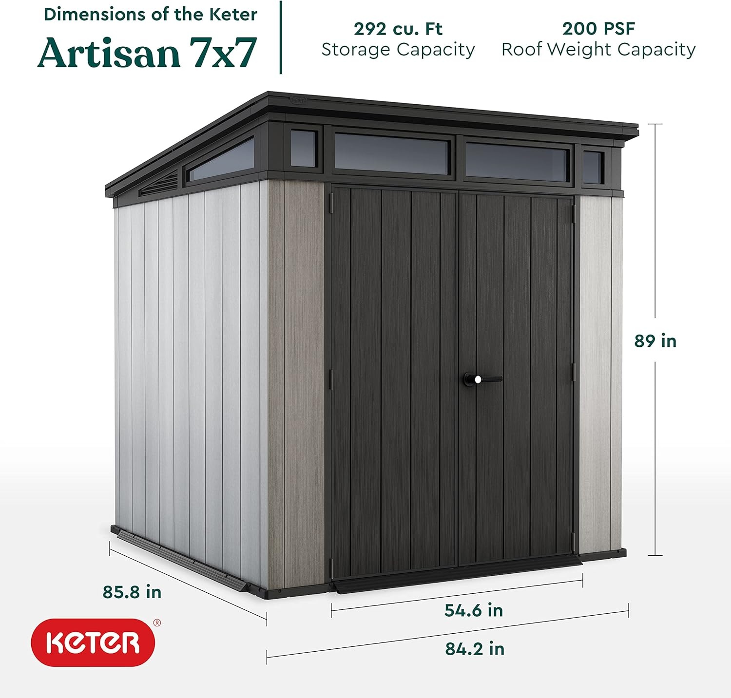image:imageKeter Artisan 9x7 Foot Large Outdoor Shed with Floor with Modern Design for Patio Furniture Lawn Mower Tools and Bike Storage feet GreyBlack7x7
