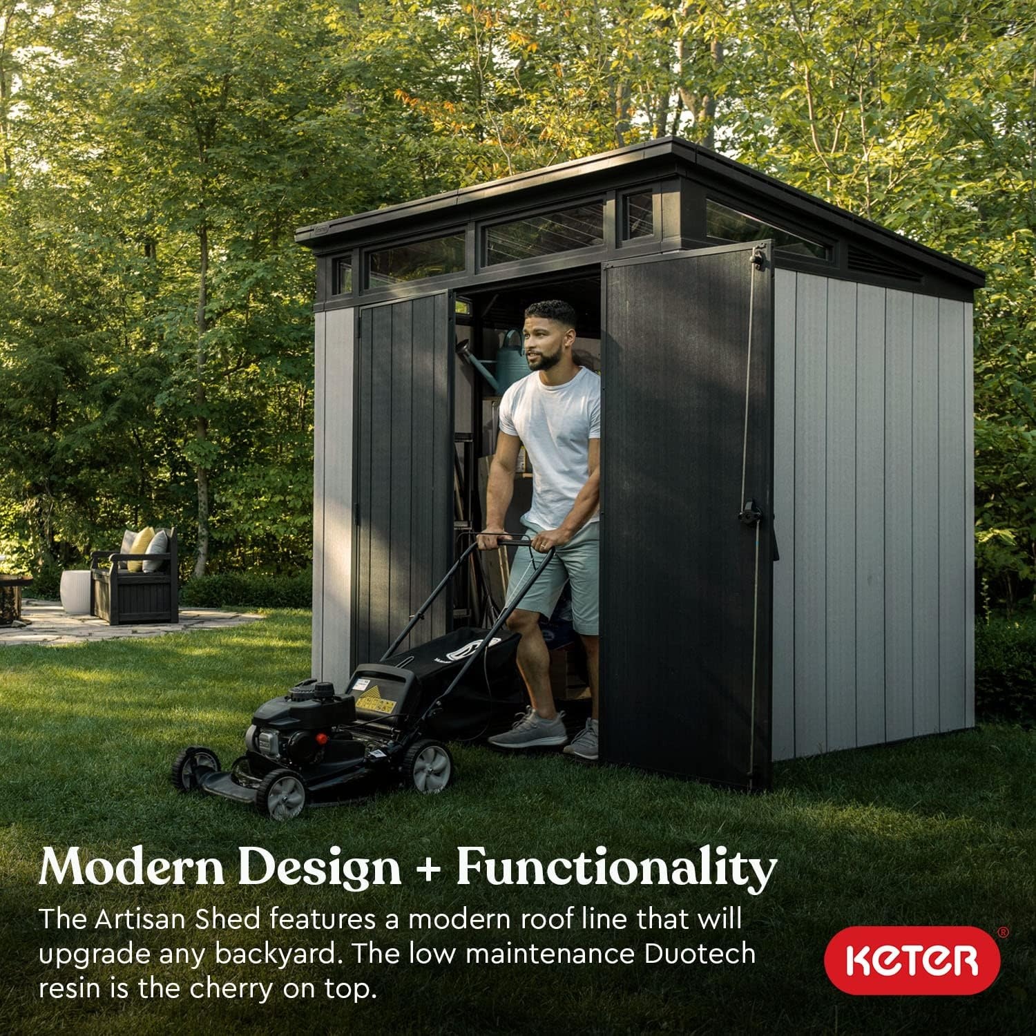 image:imageKeter Artisan 9x7 Foot Large Outdoor Shed with Floor with Modern Design for Patio Furniture Lawn Mower Tools and Bike Storage feet GreyBlack7x7