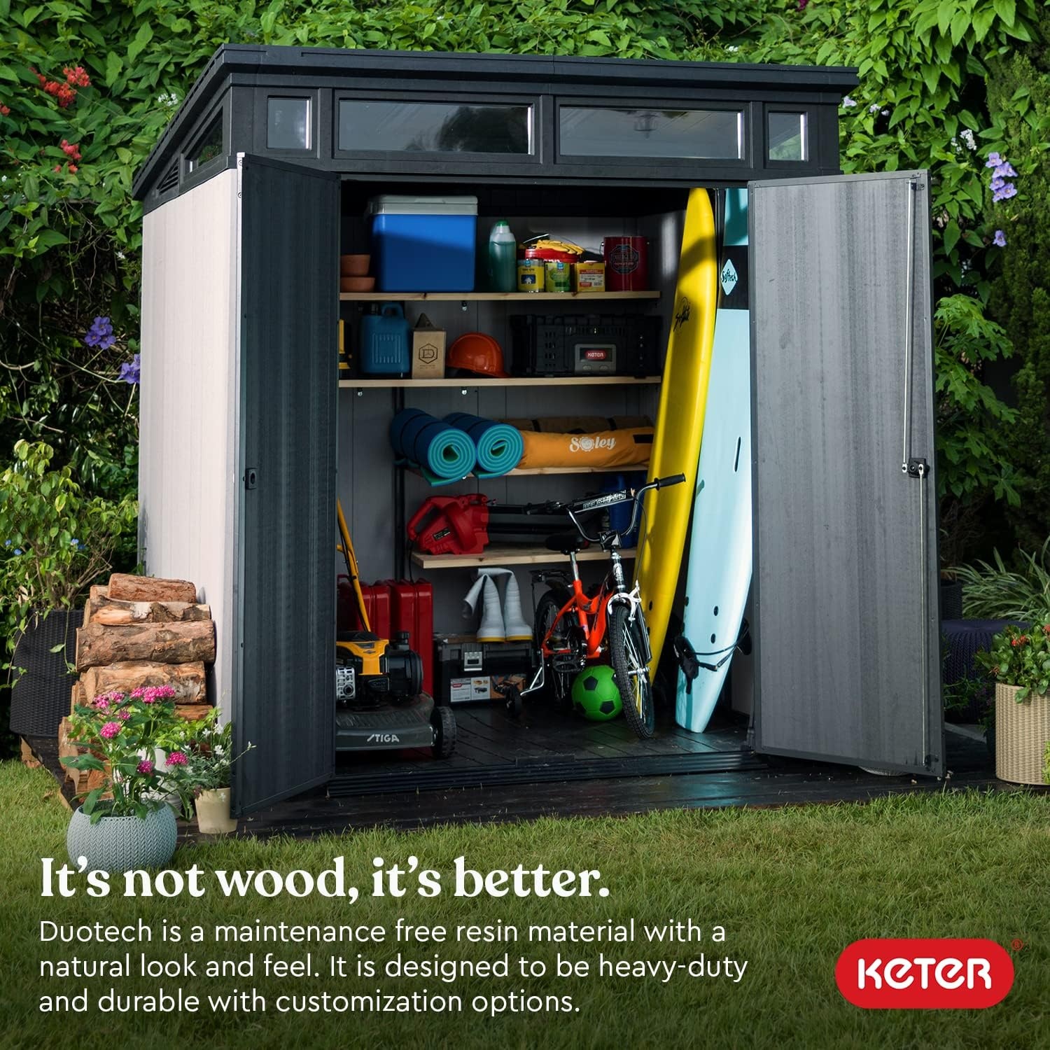 image:imageKeter Artisan 9x7 Foot Large Outdoor Shed with Floor with Modern Design for Patio Furniture Lawn Mower Tools and Bike Storage feet GreyBlack7x7