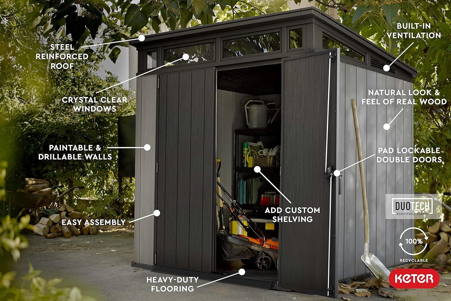 image:imageKeter Artisan 9x7 Foot Large Outdoor Shed with Floor with Modern Design for Patio Furniture Lawn Mower Tools and Bike Storage feet GreyBlack7x7